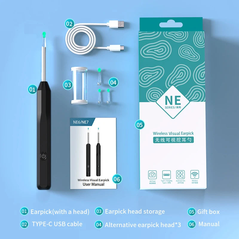 Health care products Otoscope Ear Cleaner Luminous Axis Smart Black Colour Gyroscope manual instruction USB cable, Box and 3 more items shown