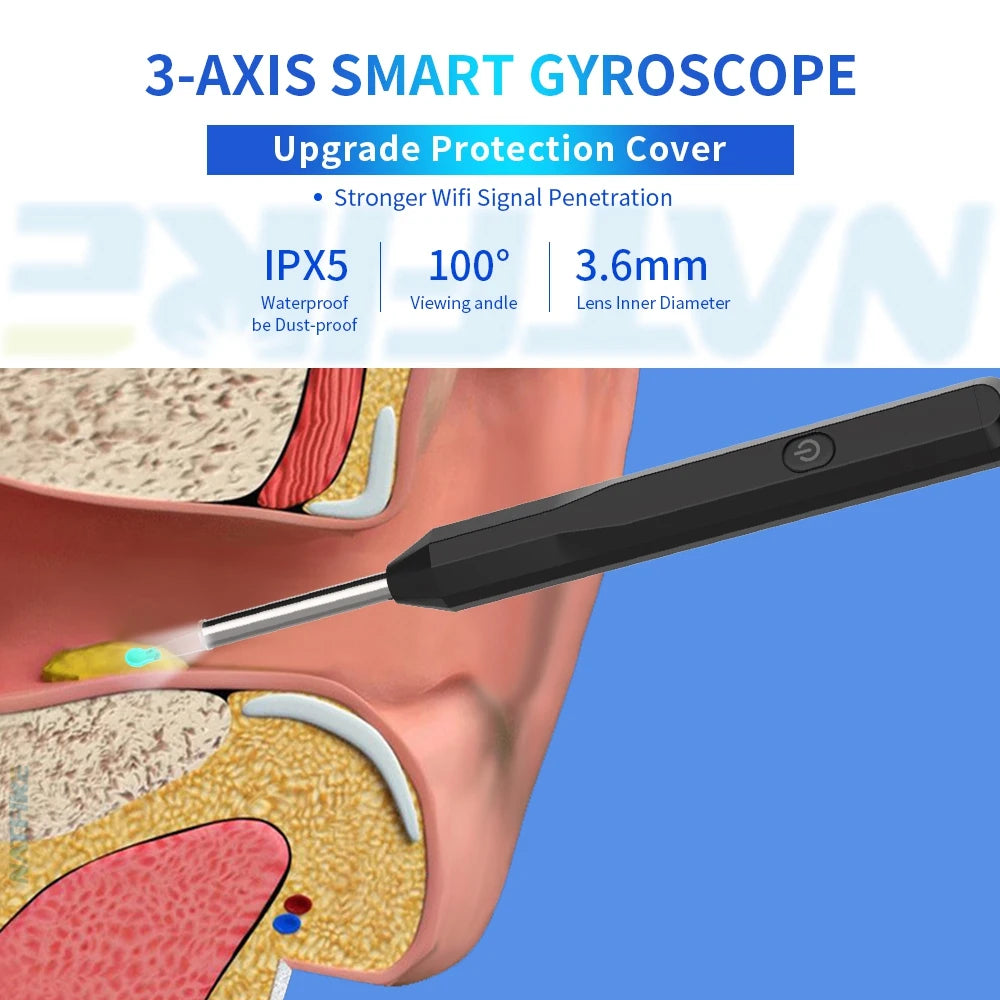 Health care products Otoscope Ear Cleaner Luminous Axis Smart Gyroscope Black Colour shown inside and ear drawing