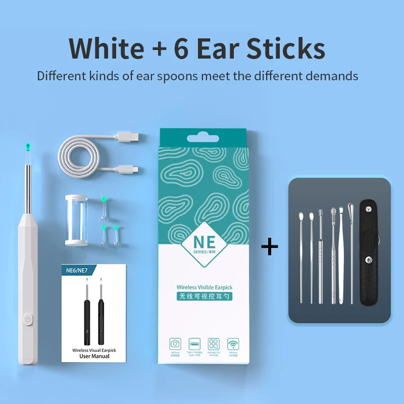 Health care products Otoscope Ear Cleaner Luminous Axis Smart White Colour Gyroscope manual instruction USB cable, Box, 3 items + 6 Ear Sticks shown
