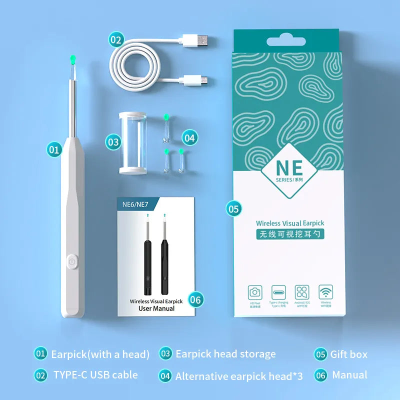 Health care products Otoscope Ear Cleaner Luminous Axis Smart White Colour Gyroscope manual instruction USB cable, Box and 3 more items shown