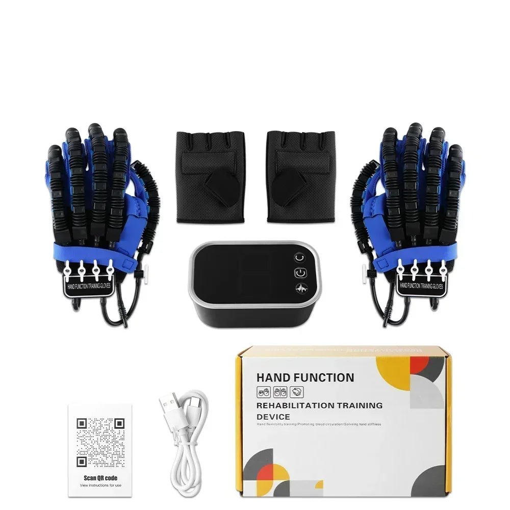 Health care products Robot Gloves Portable Rehabilitation two gloves with control, USB cable and Storage box shown