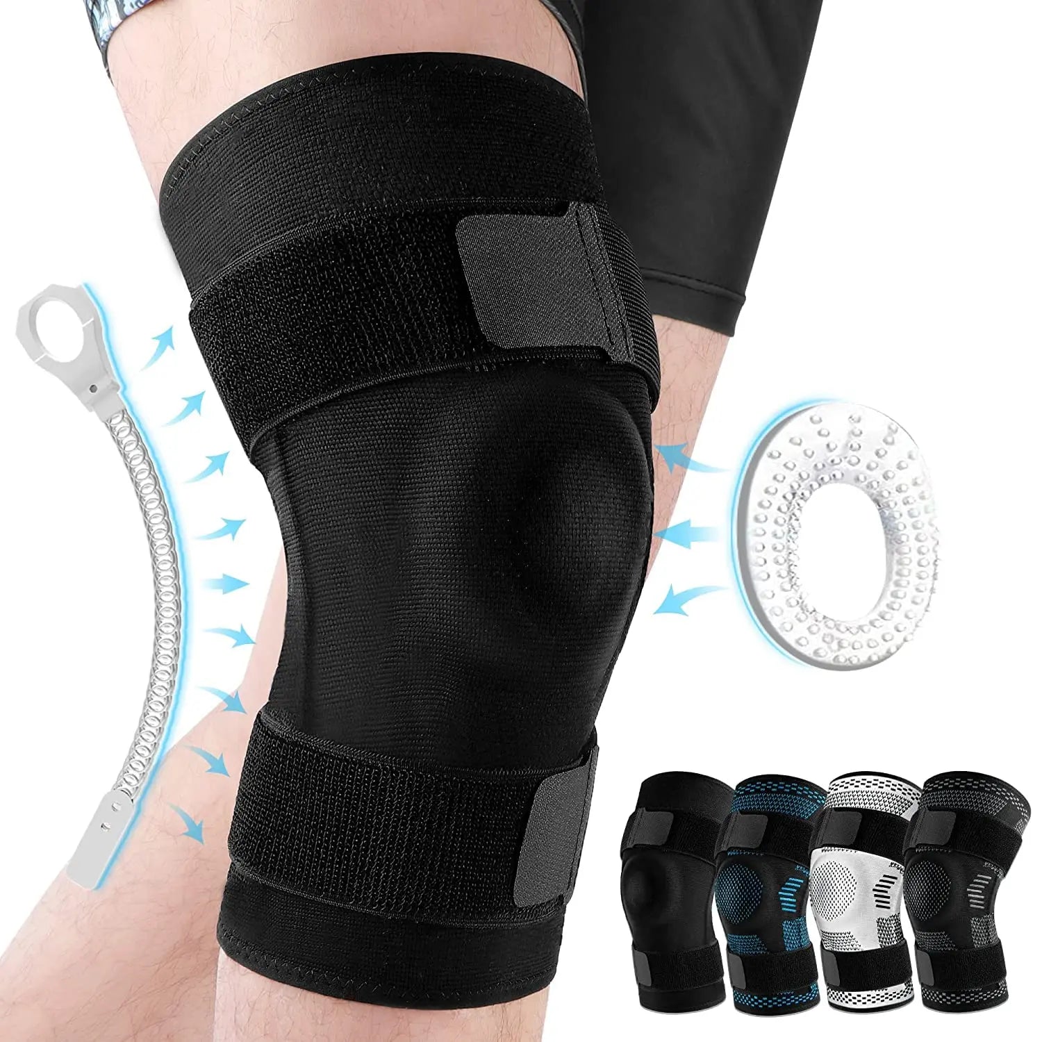 Health care products Sport Knee Pads Support For Fixes Knee joint, Prevent ligament strain in front a man wearing a black colour model and the 4 colours available shown