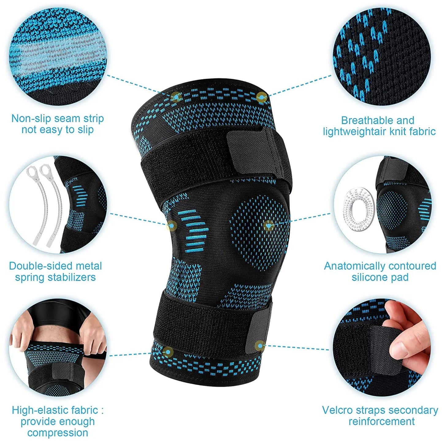 Health care products Sport Knee Pads Support For Fixes Knee joint, Prevent ligament strain Non-slip, Breathable, silicone pad, Velcro straps, High-elastic fabric provide enough compression