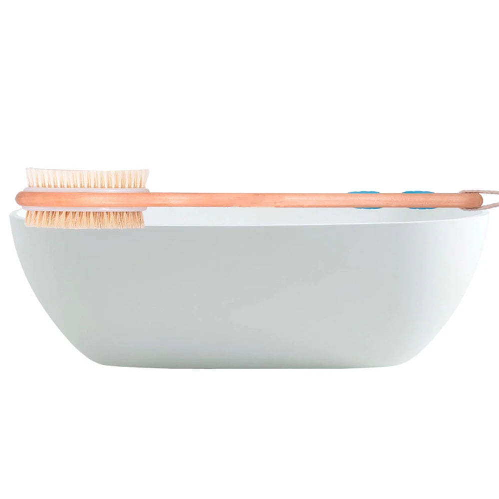 Health care products Wooden Body Massage Shower Long Brush 1 bathroom brush shown in front of a white bath