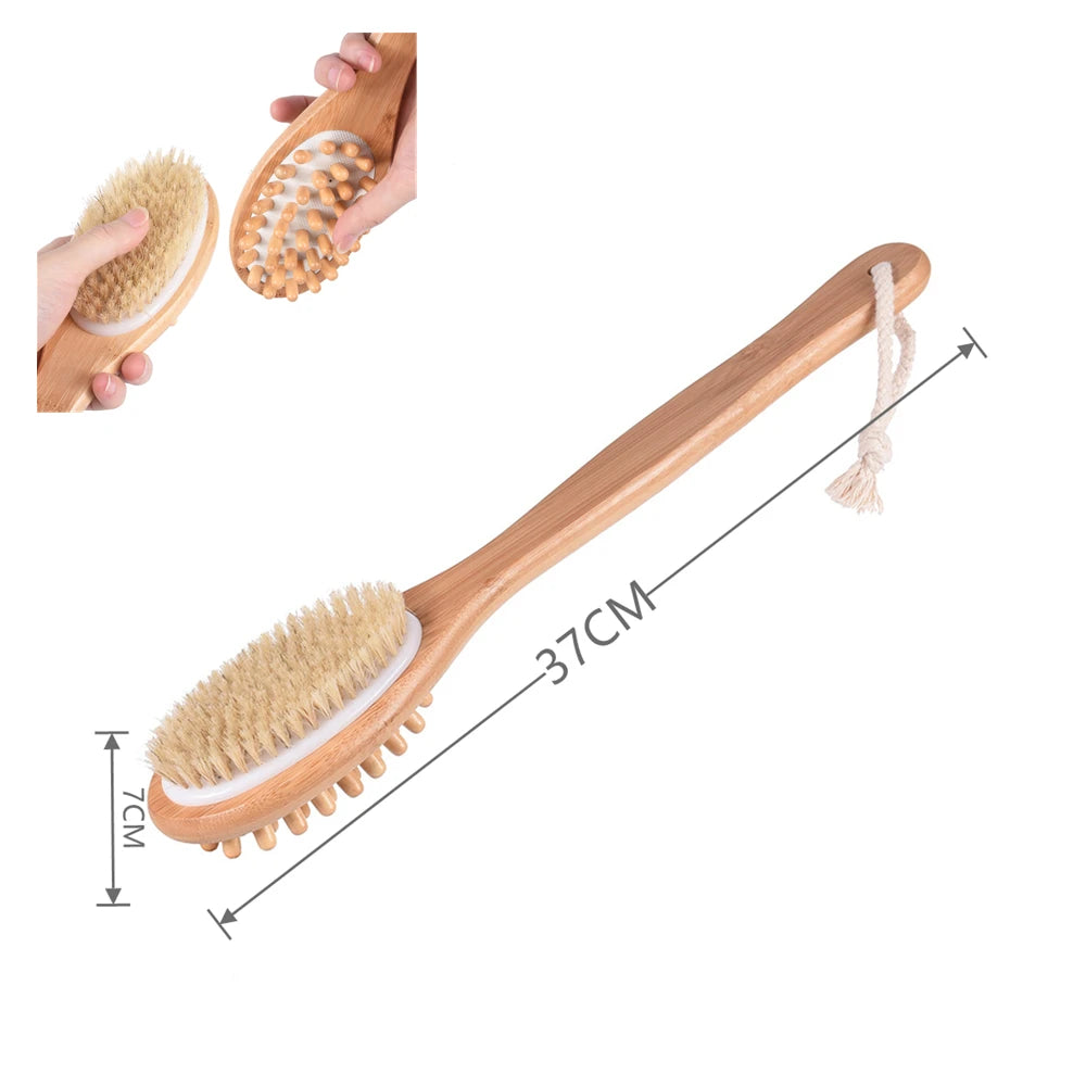 Health care products Wooden Body Massage Shower Long Brush 3 bathroom brush shown and size 37 cm X 7 cm