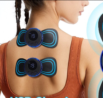 JEM Personal Health Care Collection Picture of an electric massage ems rechargeable installed on the back of a young woman
