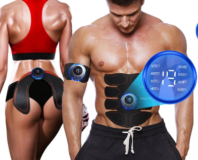 JEM Fitness Collection Picture of a man with EMS device on his chest and a woman with EMS device on her bumps.