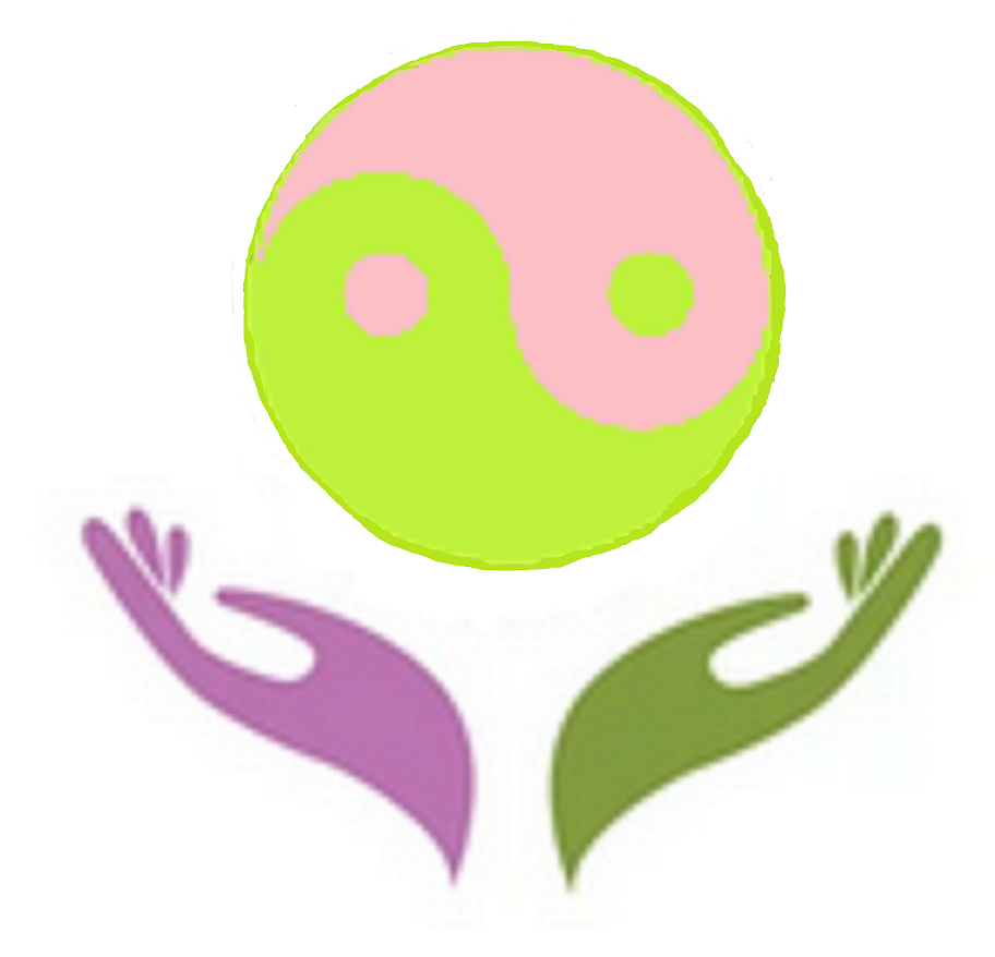 JEM Wellness Health Care Products Picture of a green and pink colour Ying Yang symbol between two open hands, the left one is pink, and the right is green.