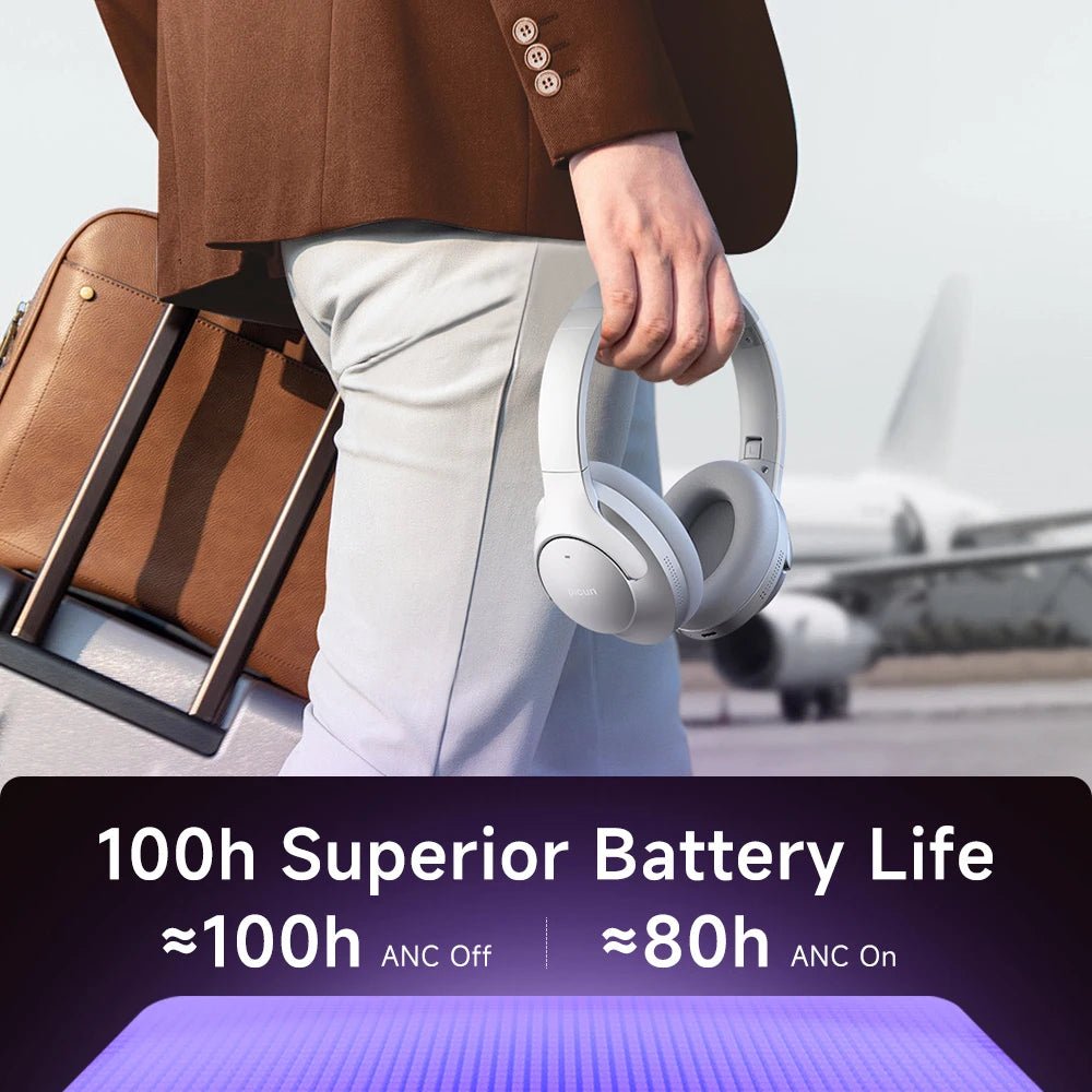 JEM Wellness Interior Noise Cancelling silver Colour Headphones Bluetooth 5.4 carry by a man on an airport tarmac picture