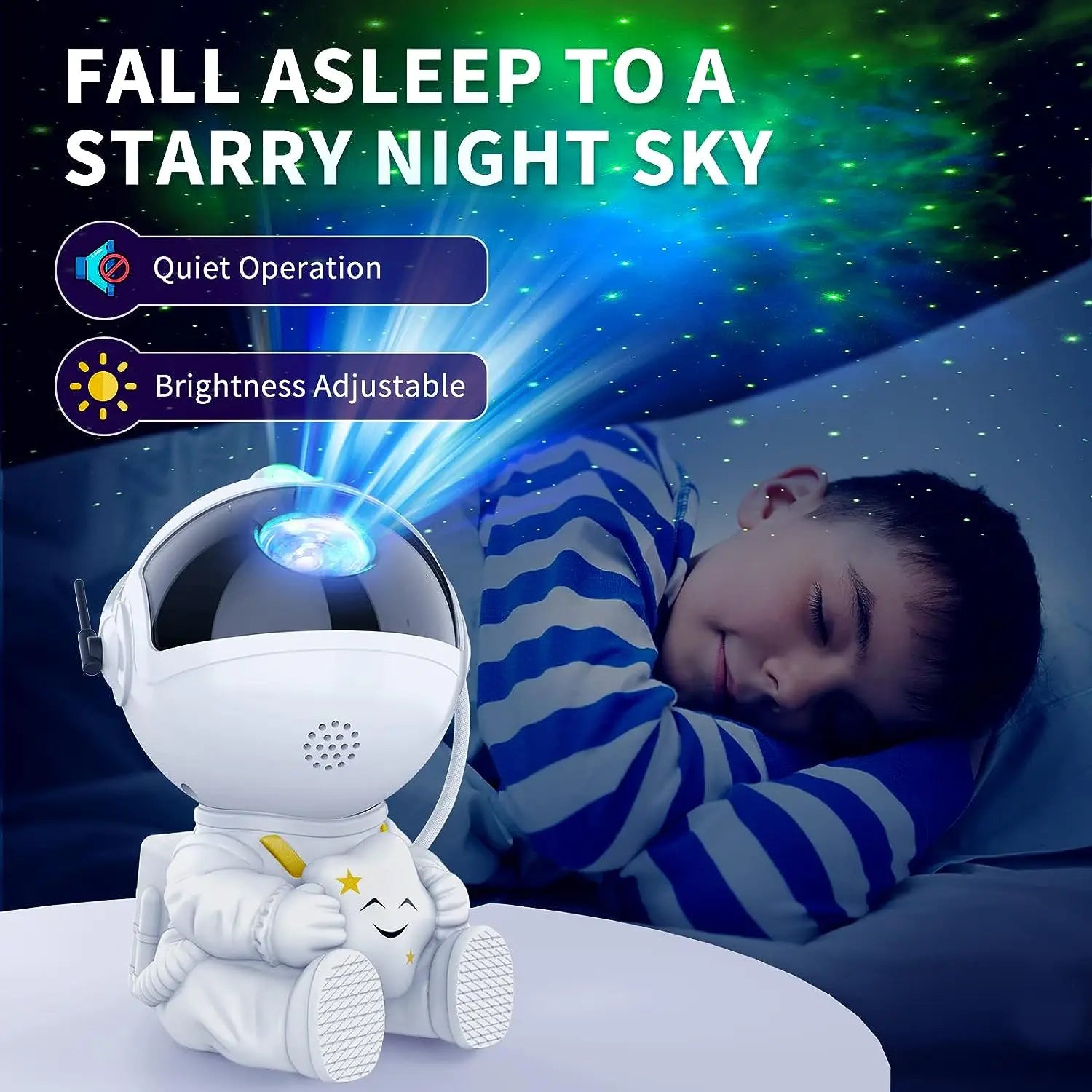 jem wellness interior white astronaut sit night projector with boy sleeping in background