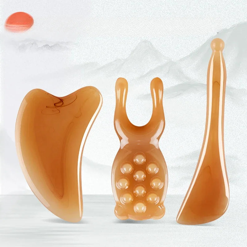 Massage Therapy Facial Massager Scraping Resin 3 pieces set offers shown with the 10 acupuncture points tools included