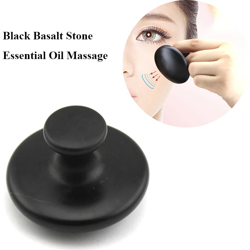 Massage Therapy Handmade Black Basalt Mushroom Stone Massager Picture of a lady use the product on her face with oil essential