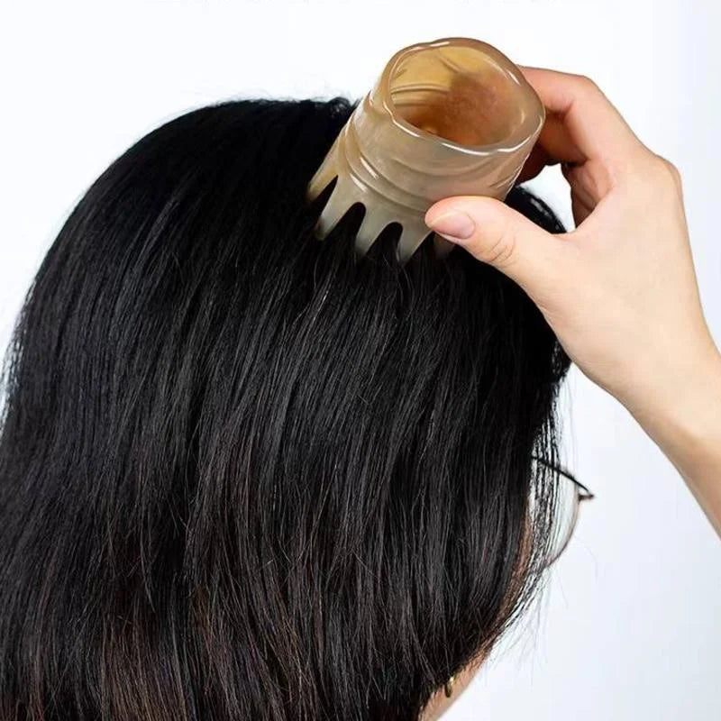 Massage Therapy Handmade Natural Yak Horn Massage Comb Woman use a long tooth but short comb in her black hair