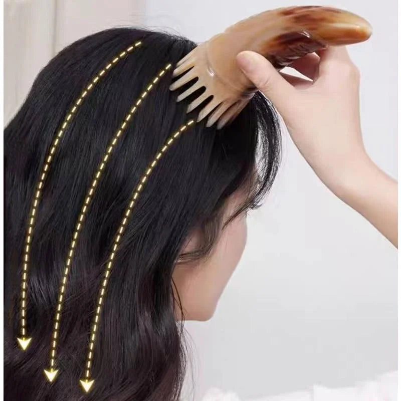Massage Therapy Handmade Natural Yak Horn Massage Comb Woman use a long tooth comb and show how to use (up to down in the hair)