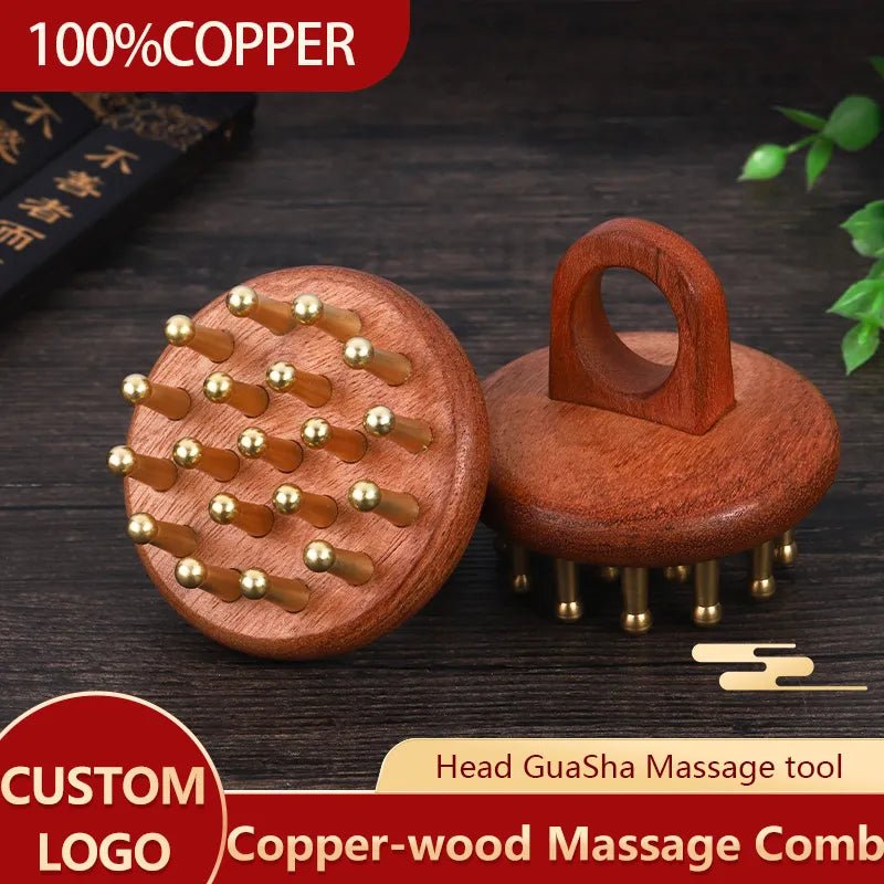 Massage therapy Head Massage Comb for Geisha, 2 combs shown on a wood table 100 % copper