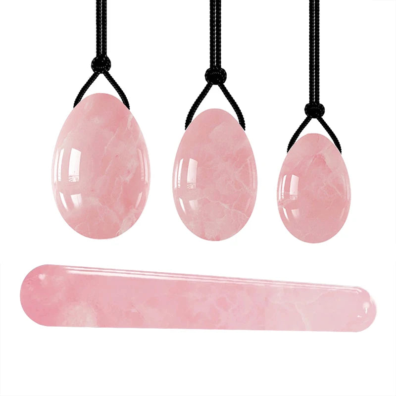 Massage therapy Natural Rose Jade Quartz Egg, picture of the Set of 3 Jade Pink Colour Eggs all drilled with a rope in each for neckless Offers with Stick Pink Jade but with No box