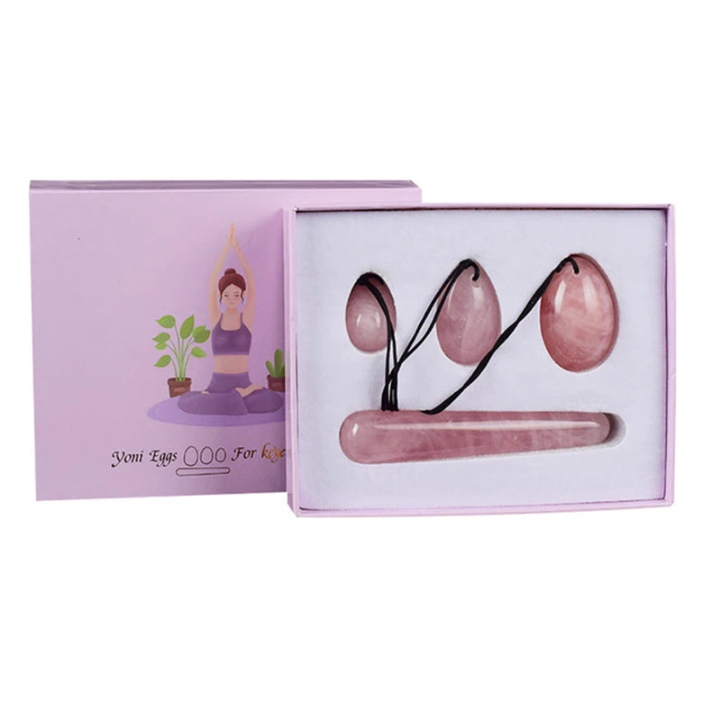 Massage therapy Natural Rose Jade Quartz Egg Set of 3 eggs drilled for neckless (small, medium, large) Offers with a jade Pink colour stick and a storage box for all the set