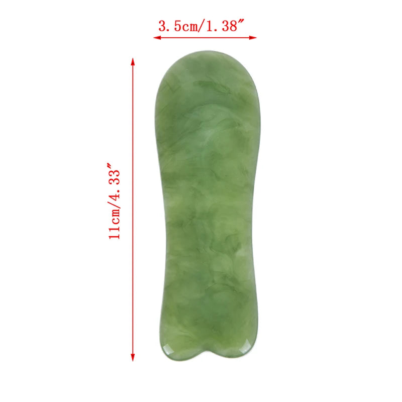 Massage Therapy Natural Stone Massagers Tools.  Picture of a green curve tool sizes : 11 cm X 4 cm