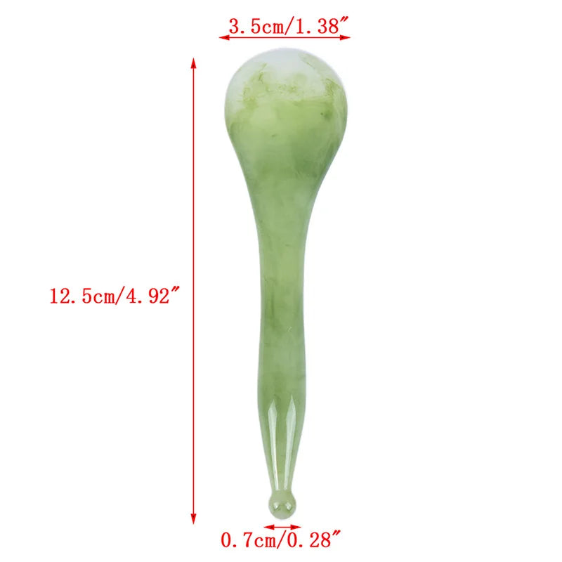 Massage Therapy Natural Stone Massagers Tools.  Picture of a green curve tool sizes : 12.5 cm X 3.5 cm with round end (small 0.7 cm and large 3.5 cm)