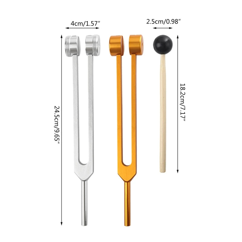 Medical Supplies & Equipment 64 Hz Forks for Healing Sound Therapy 1
percussion stick and 2 Forks shown silver + gold colour with sizes shown