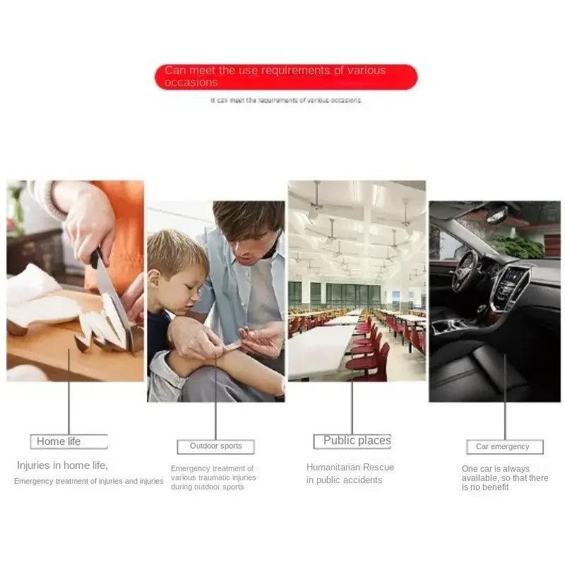 Medical Supplies & Equipment Medical First Aid Kit (184 Pieces) Large storage red Colour Bag with all 184 pieces Area to use, publics place, car emergency, home life, outdoor shown father use on the leg of his young son, interior car