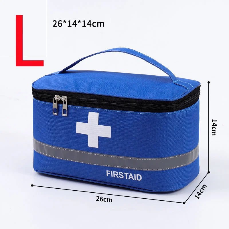Medical Supplies Equipment One First Aid Medicine Storage blue bag with the white cross in front and First Aid name on it. The picture show a large size (26 cm X 14 cm X 14 cm) blue storage bag.