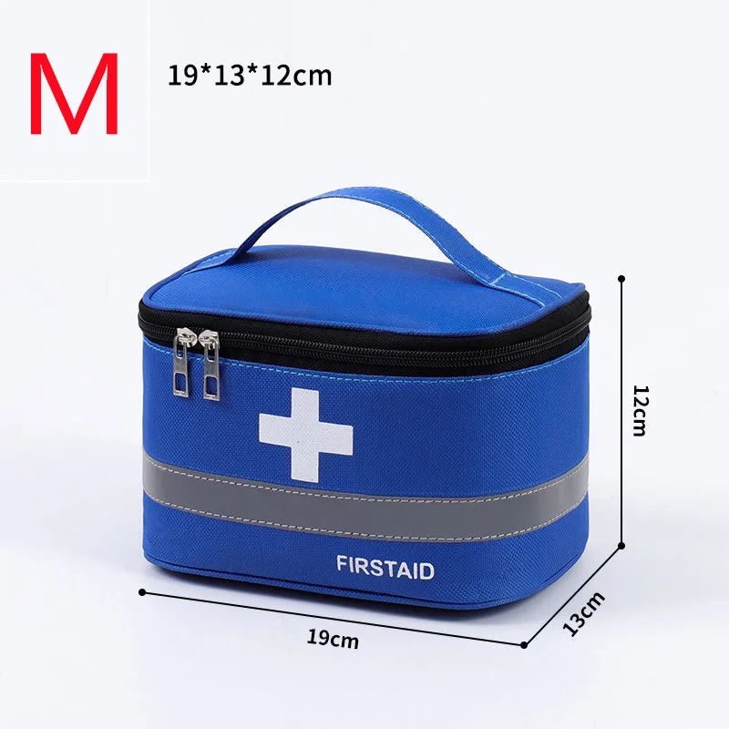 Medical Supplies Equipment One First Aid Medicine Storage blue bag with the white cross in front and First Aid name on it. The picture show a medium size (19 cm X 13 cm X 12 cm) blue storage Bag