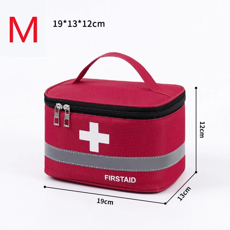 Medical Supplies Equipment One First Aid Medicine Storage red bag with the white cross in front and First Aid name on it. The picture show a medium size (19 cm X 13 cm X 12 cm) red storage bag.