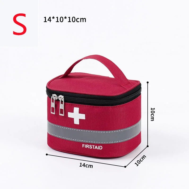 Aid Medicine Storage red bag with the white cross in front and First Aid name on it. The picture show a small size (14 cm X 10 cm X 10 cm) red storage bag.
