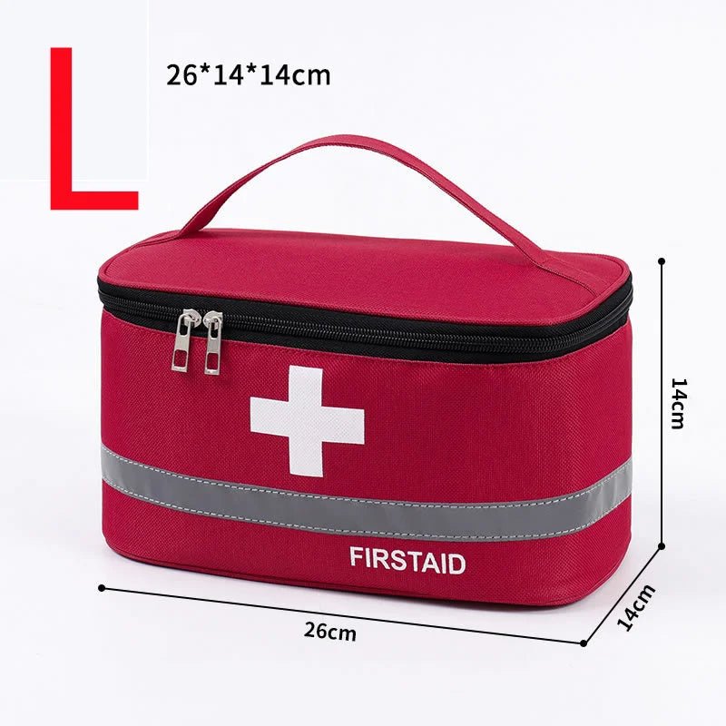 Medical Supplies Equipment One First Aid Medicine Storage red colour bag with the white cross in front and First Aid name on it. The picture show a large size (26 cm X 14 cm X 14 cm) red colour First Aid storage bag (no first aid supplies (ONLY THE BAG is SENT)
