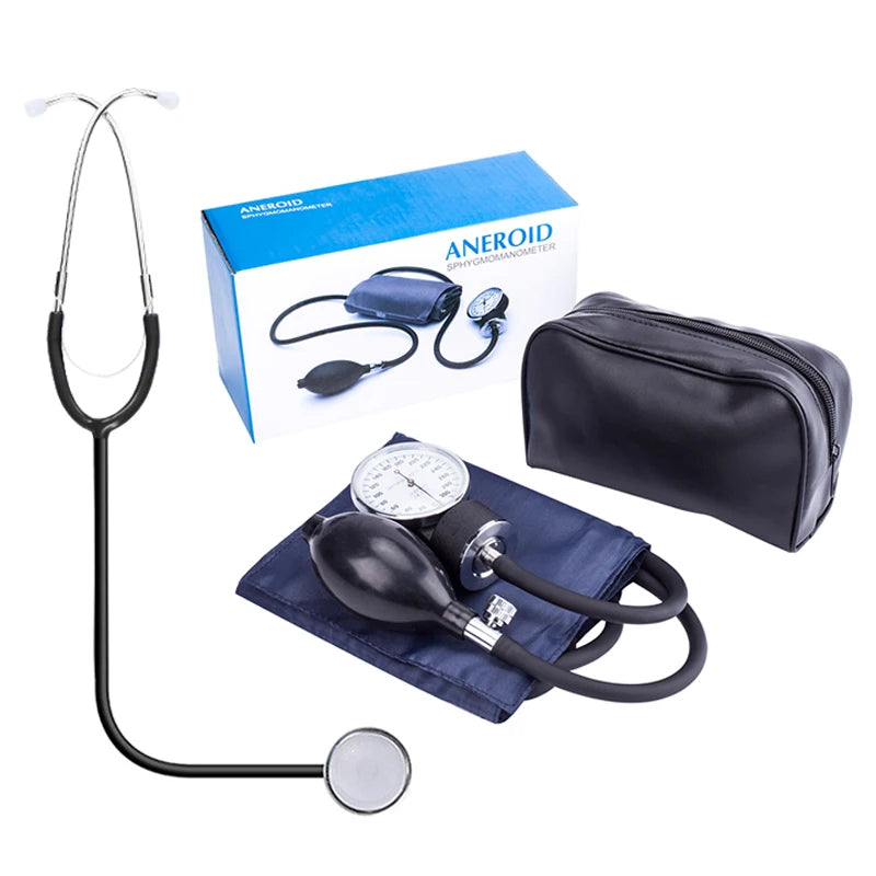 Medical supplies & Equipment Stethoscope Manual Blood Pressure Monitor Sphygmomanometer Picture of the product with the box and leather storage bag