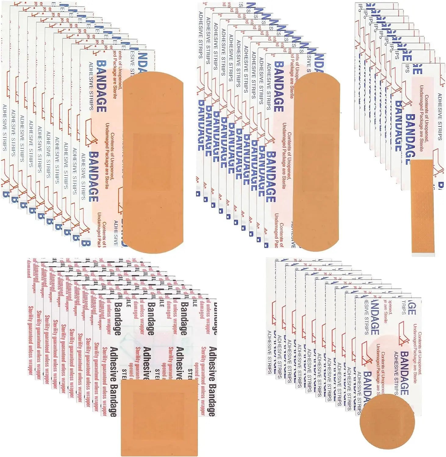 Medical Supplies & Equipment Waterproof Wound Plaster (100 Pieces) shown 5 types (3 rectangular, 1 circle and 1 square)