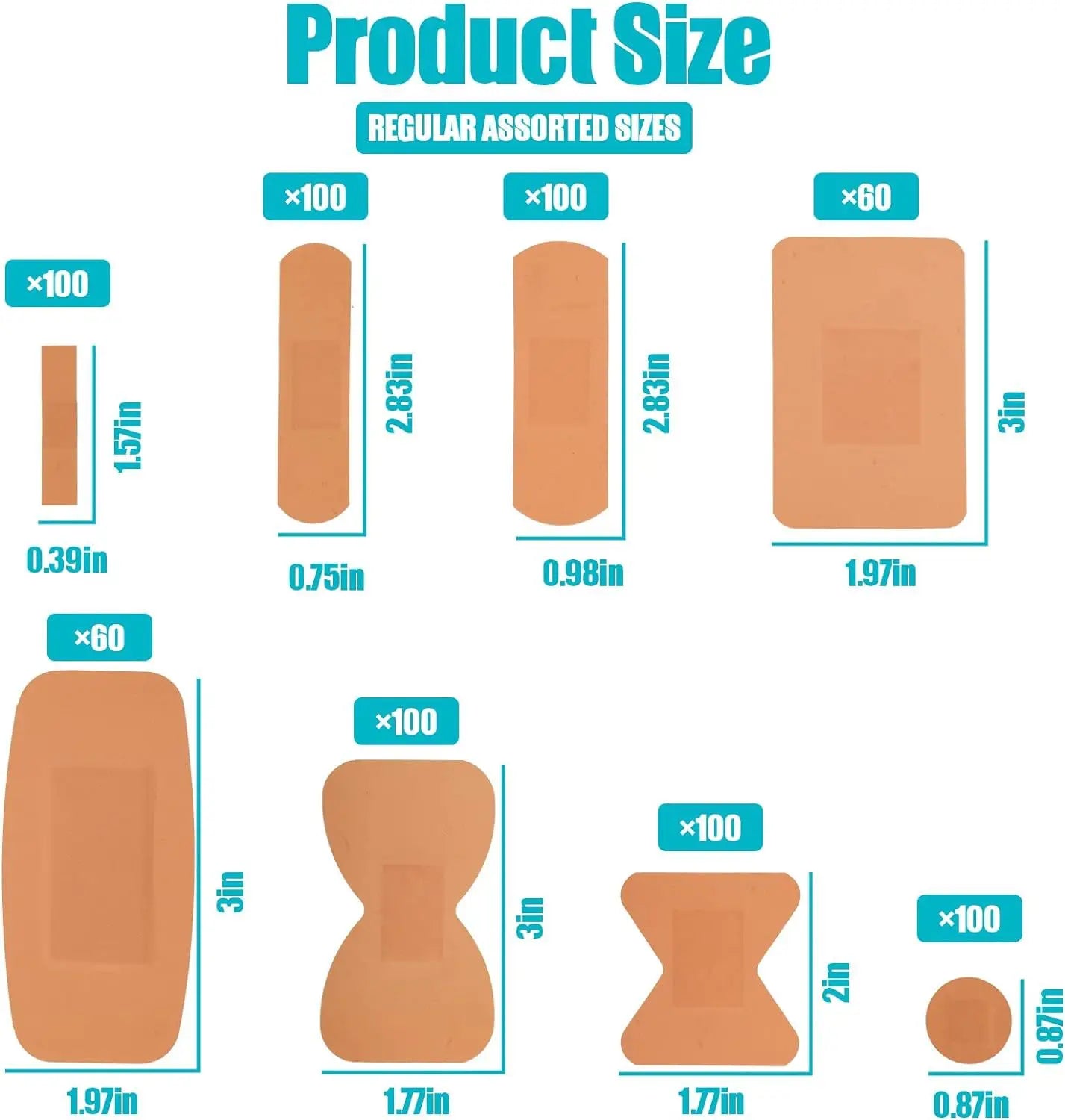 Medical Supplies & Equipment Waterproof Wound Plaster (100 Pieces) shown 8 multiples types with their sizes