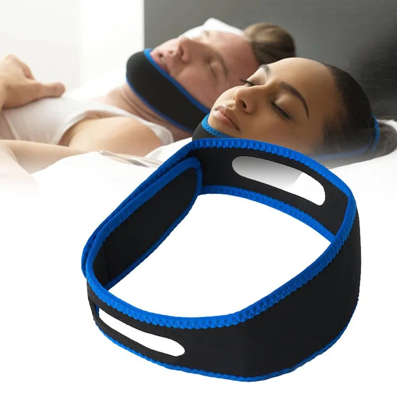 Personal Health Care, Anti-snoring adjustable blue-black colour strap fit on a couple that have a deep sleep together
