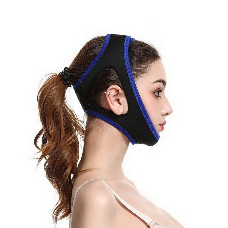 Personal Health Care Anti-snoring blue belt fit on a woman profile shown