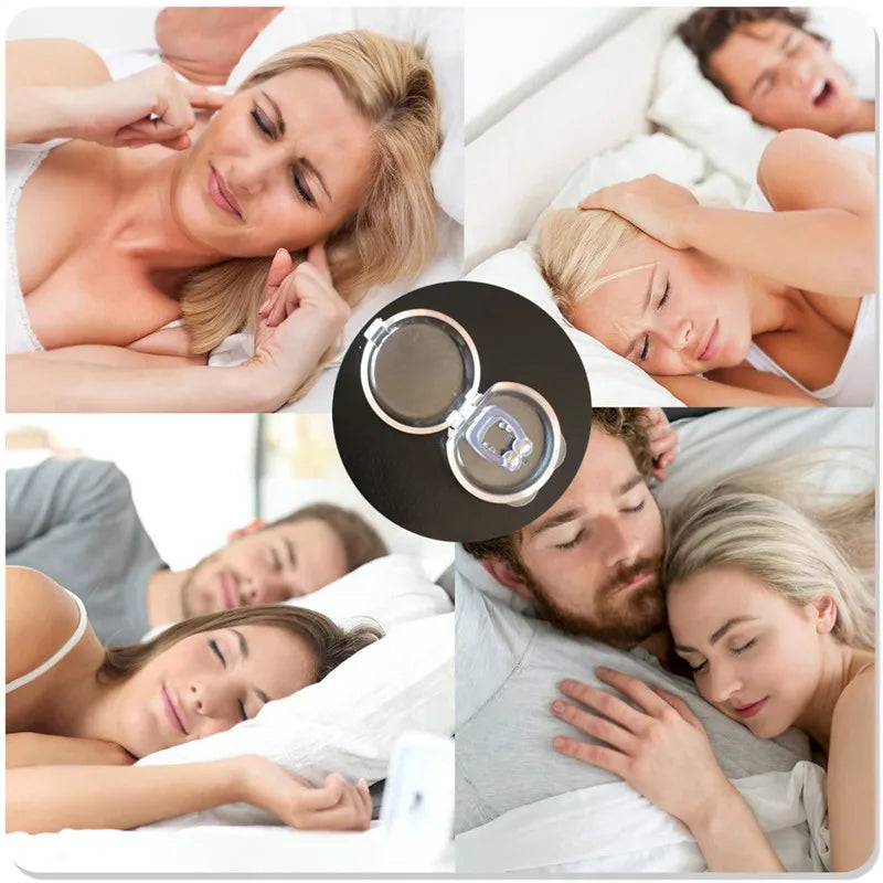 Personal Health Care Anti-snoring clip fit on a sleeping couple before and after wearing