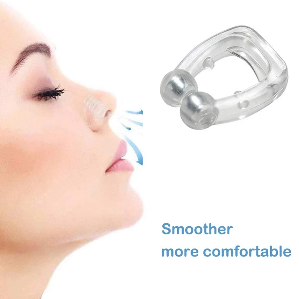 Personal Health Care Anti-snoring magnetic clip fit on a sleeping young woman detailed silicone making it smoother and more comfortable