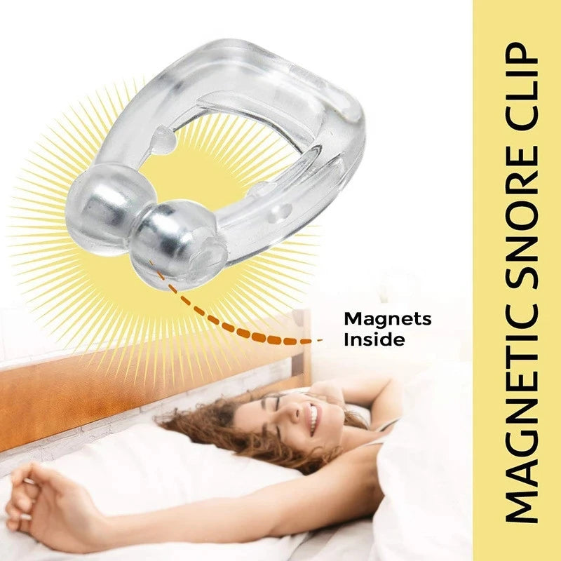 Personal Health Care Anti-snoring magnetic clip fit on a sleeping young woman that enjoy her deep sleep