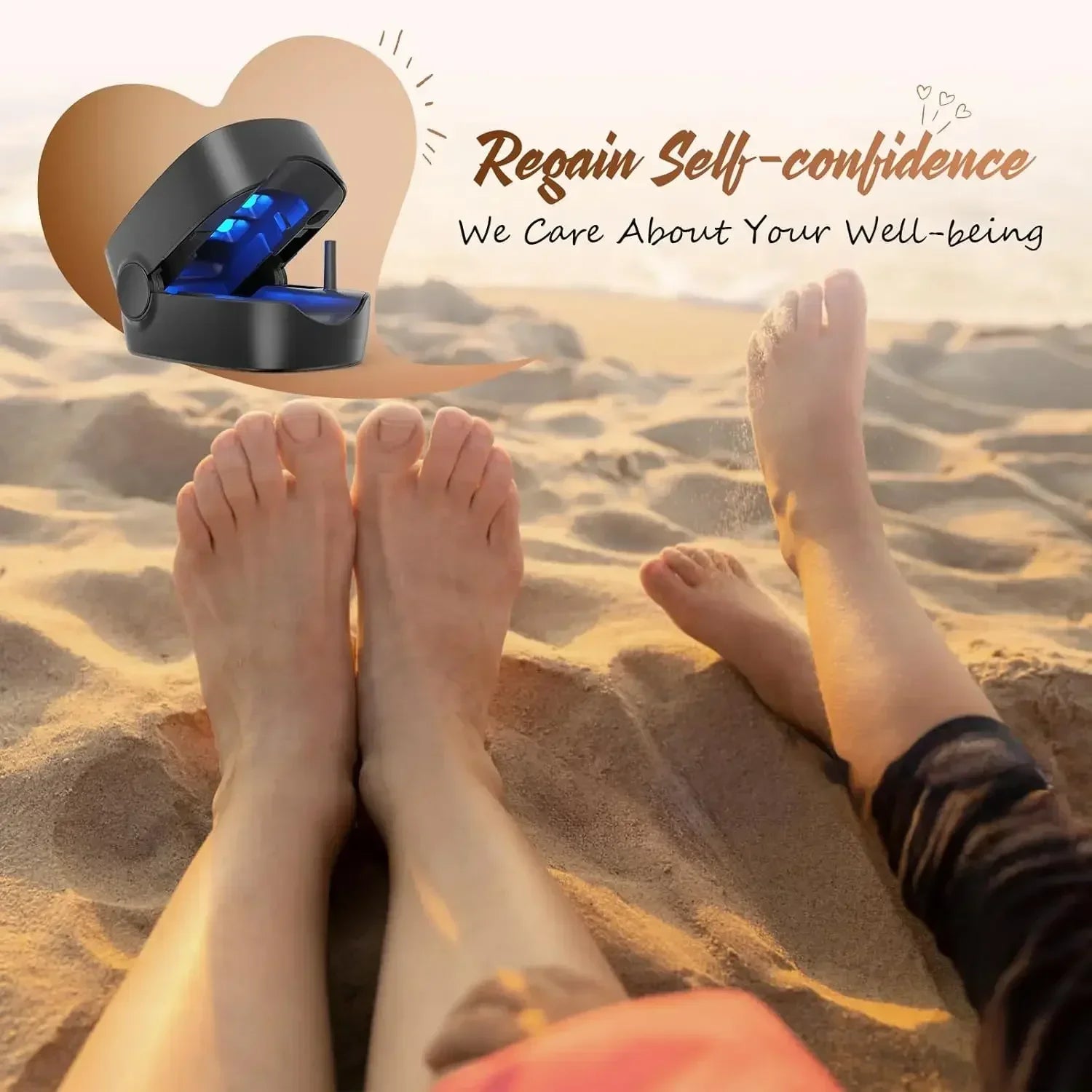 personal-health-care-nail-fungus-device-regain-self-confidence-show-healthy-feeth-man-and-woman-on-sand-beach-picture