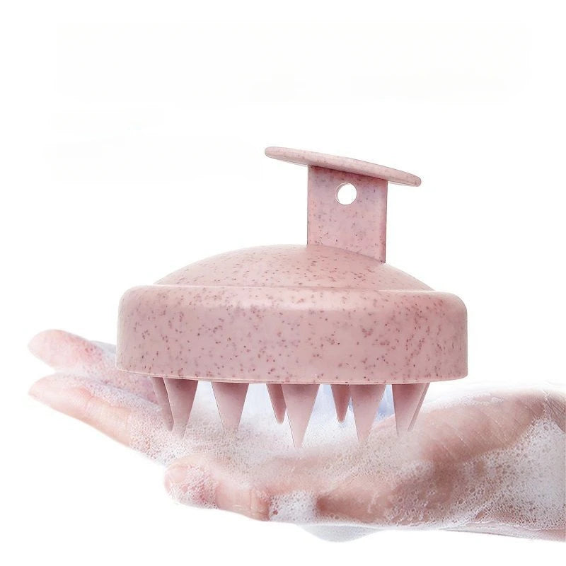 Personal health care Silicone Shampoo Brush Head Scalp Massage pink colour display on a lady hand with bubble soap picture