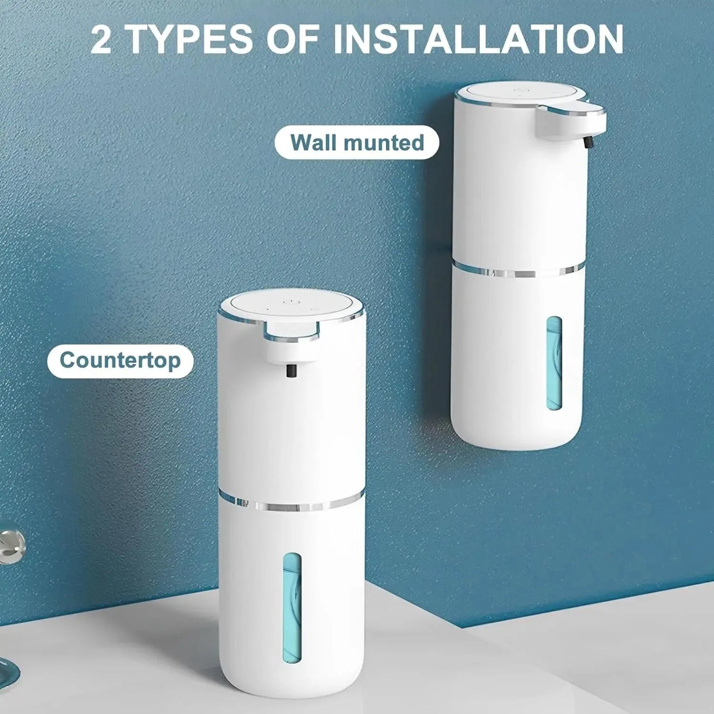 Wellness Automatic Touch Foaming Soap Dispenser 380 ml USB Rechargeable White colour offers, details of installation (wall Mounted or Counter top) shown on a white counter and blue colour wall