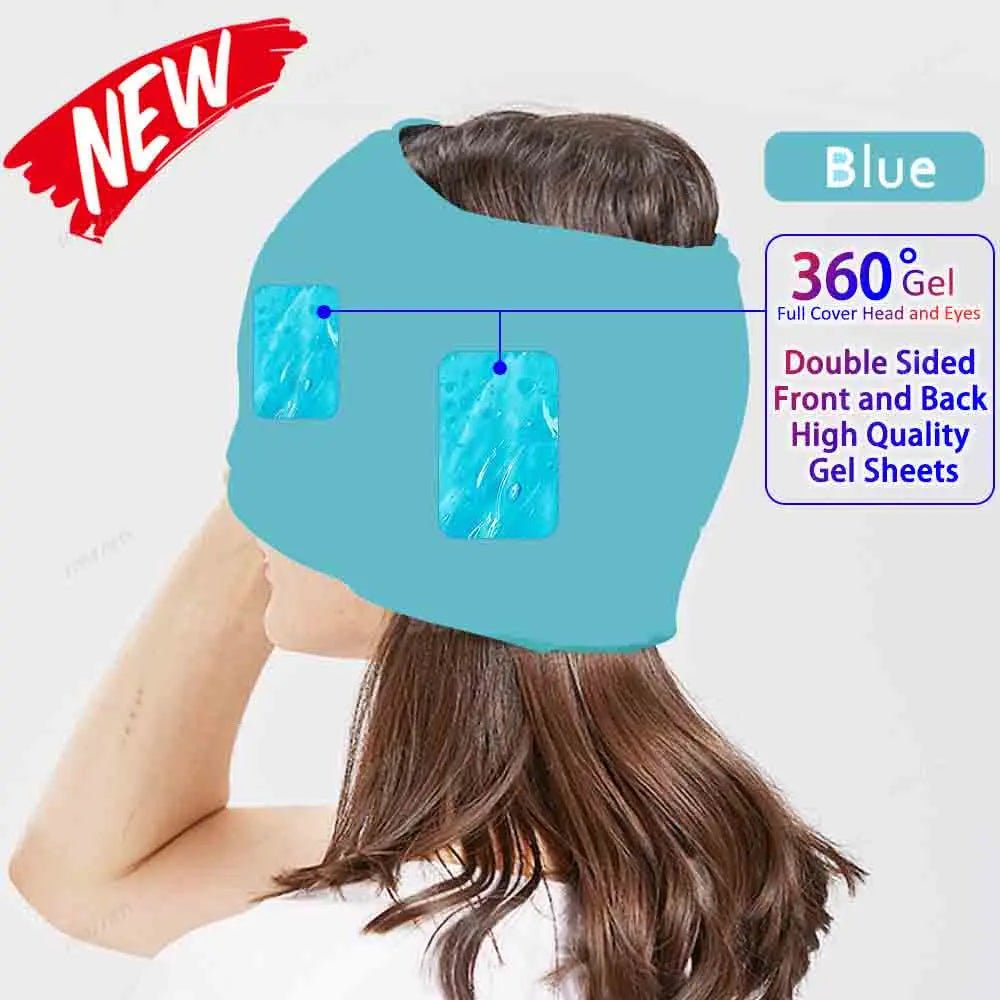 Wellness Head Massager Hot Cold Therapy Cap Gel Picture show a brown hair woman using the Blue colour eye mask that covers almost her entire head High Quality gel sheets Monolithic front 360 degree