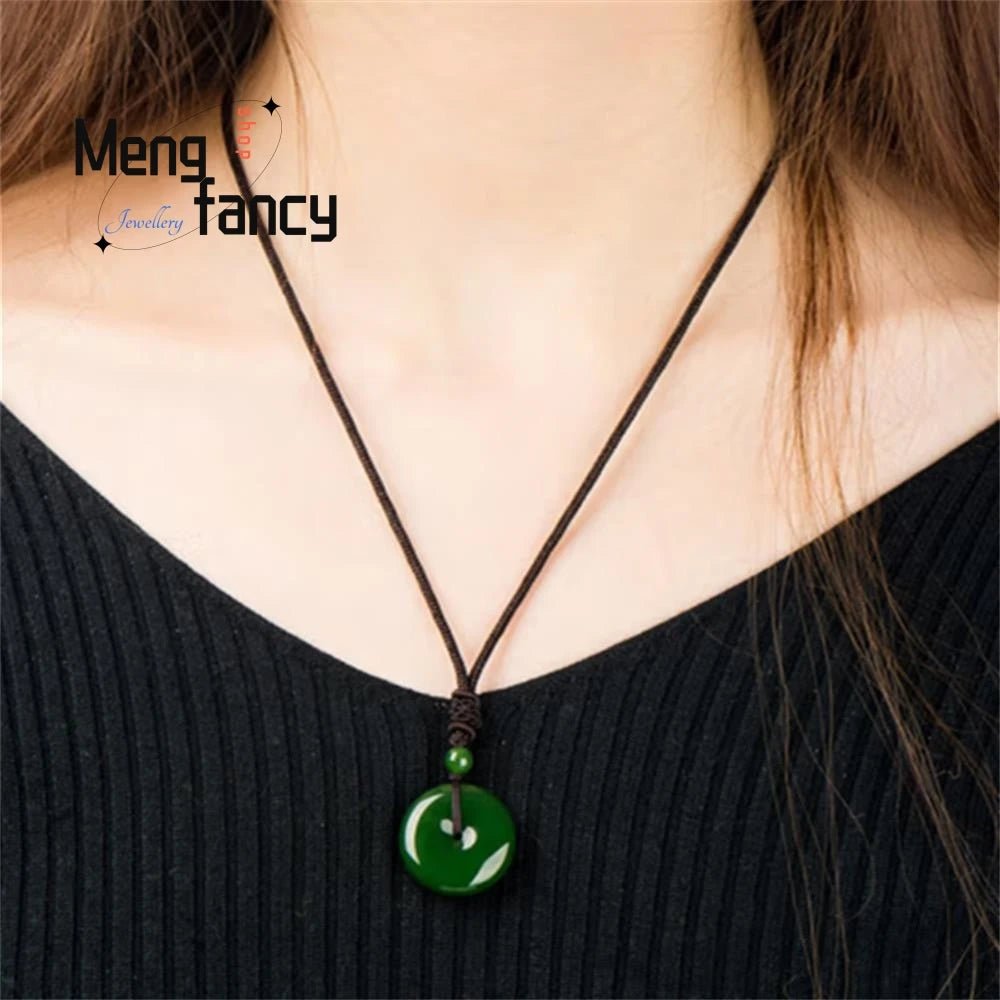 Wellness Natural Green Jasper Health Pendant in a woman neck