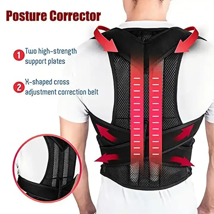 Health care products Back Posture Corrector Support Shoulder Vest Man wearing the Black Colour corrector vest, Details two high-strength support plates and X-shaped cross adjustment correction belt
