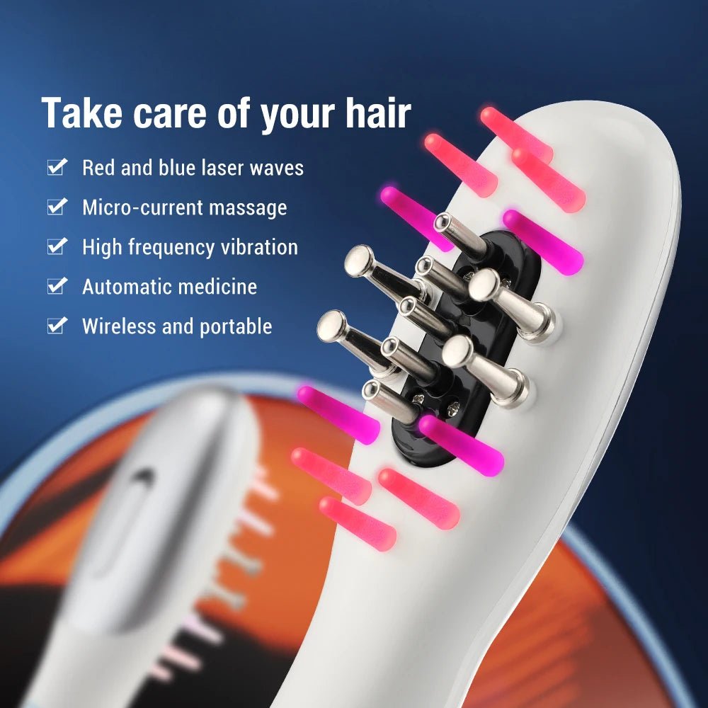 Health care products Hair Growth Massage Comb EMS RF Electric, Take care of your hair Picture Red and blue laser waves, micro-current massage, wireless and portable, high frequency virbration