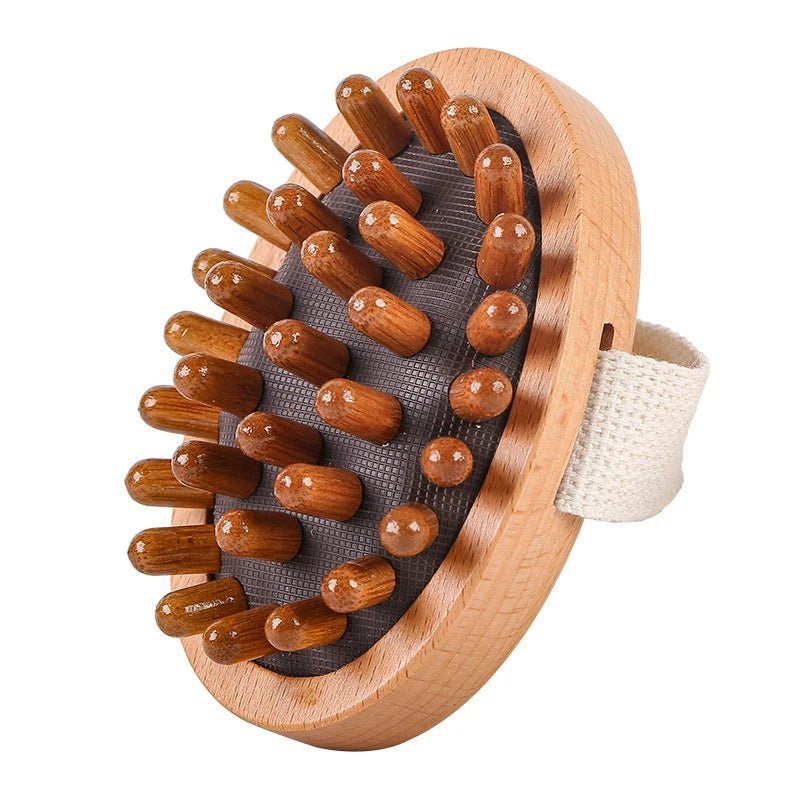 Massage Therapy Accessories 2 in 1 Dry Skin Body Massage Brush Picture of an oval shape brush with 33 acupuncture points wood brown Colour offers