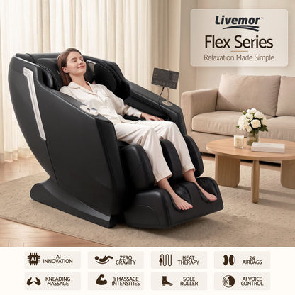 Livemor Flex Massage Chair Full Body with Heat Zero Gravity Recliner, 24 Airbags, Foot Massage, 6 Auto Programs, Voice Control, Bluetooth Speakers, Screen Control, Extendable Footrest