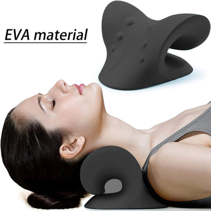 Chiropractic Neck Shoulder Stretcher Relaxation in use on a woman's neck. Black Colour offers shown