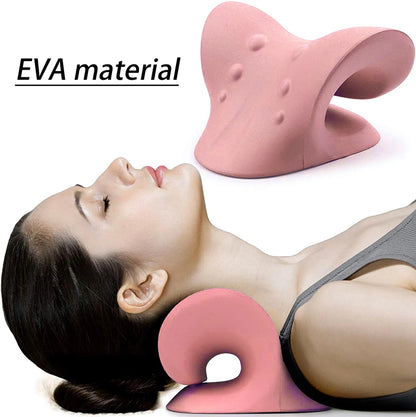Chiropractic Neck Shoulder Stretcher Relaxation in use on a woman's neck. Pink Colour offers shown