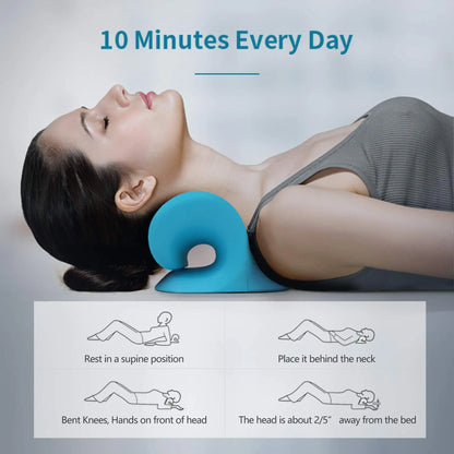 Chiropractic Neck Shoulder Stretcher Relaxation in use on a woman's neck. Blue Colour offers shown